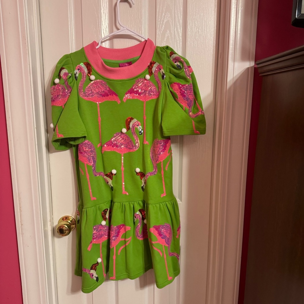 QOS Green Christmas Dress with Pink Flamingo Design